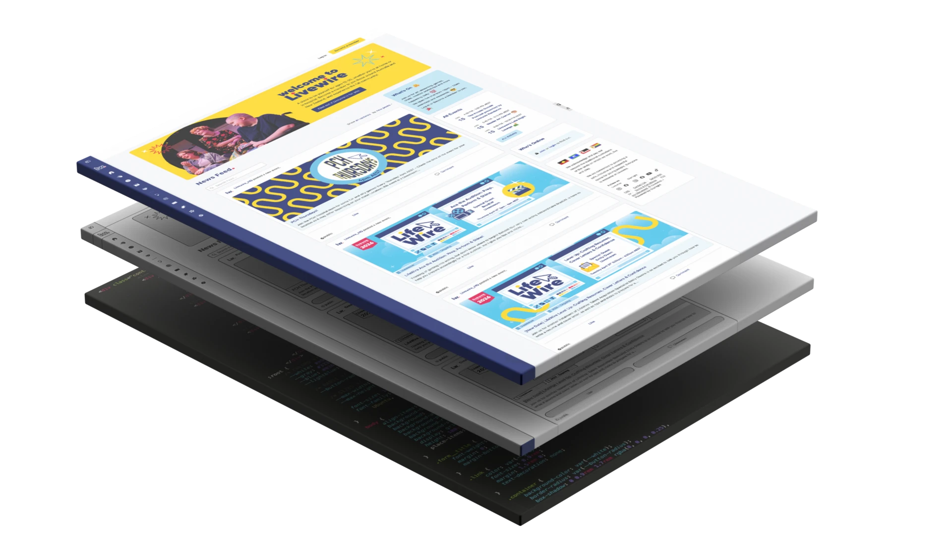 Layered images of code, wireframes and design