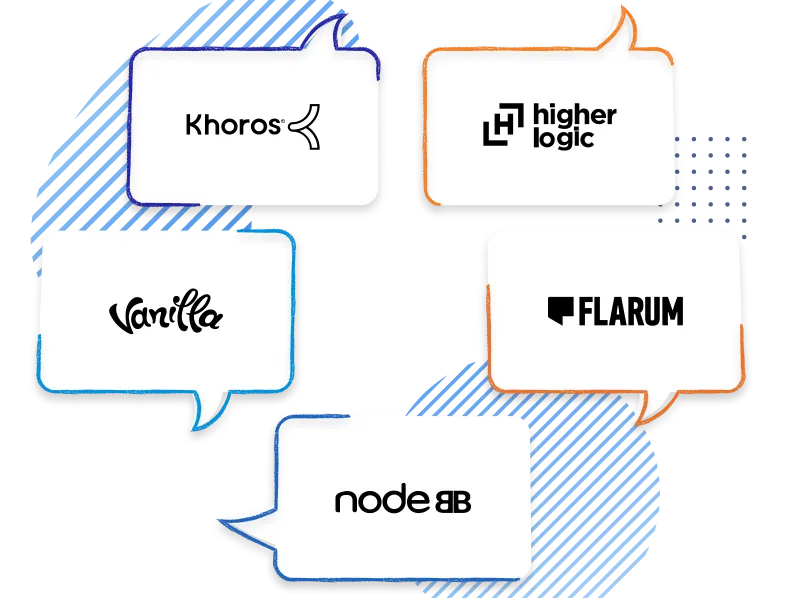 Logos for Khoros, Higher Logic, Vanilla, Node BB and Flarum