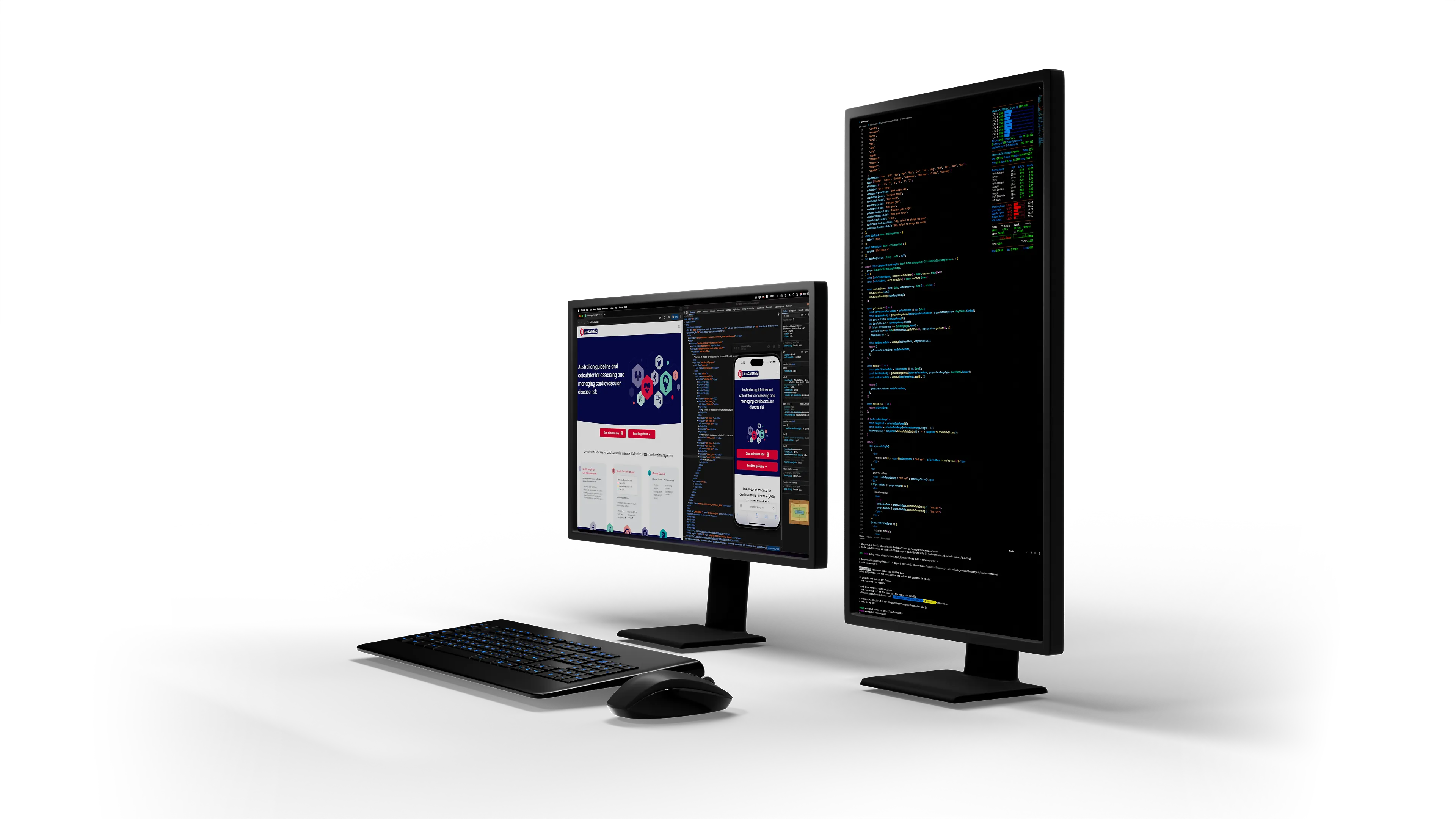 Two monitors, a keyboard and a mouse