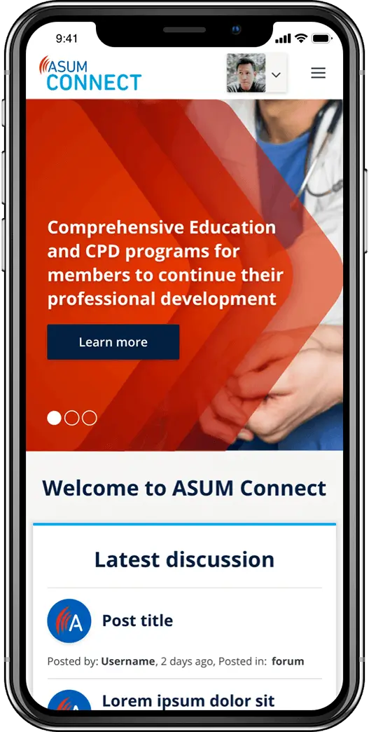 Desktop browsing ASUM Connect home page