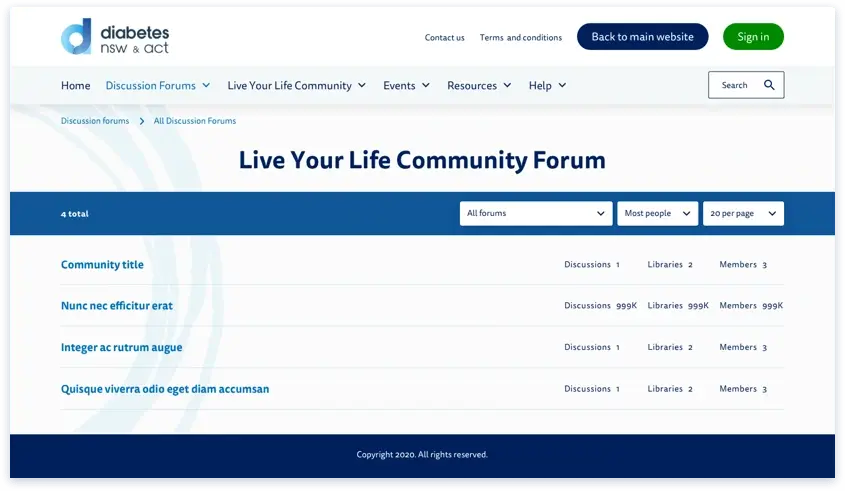 Diabetes NSW & ACT forum listing page
