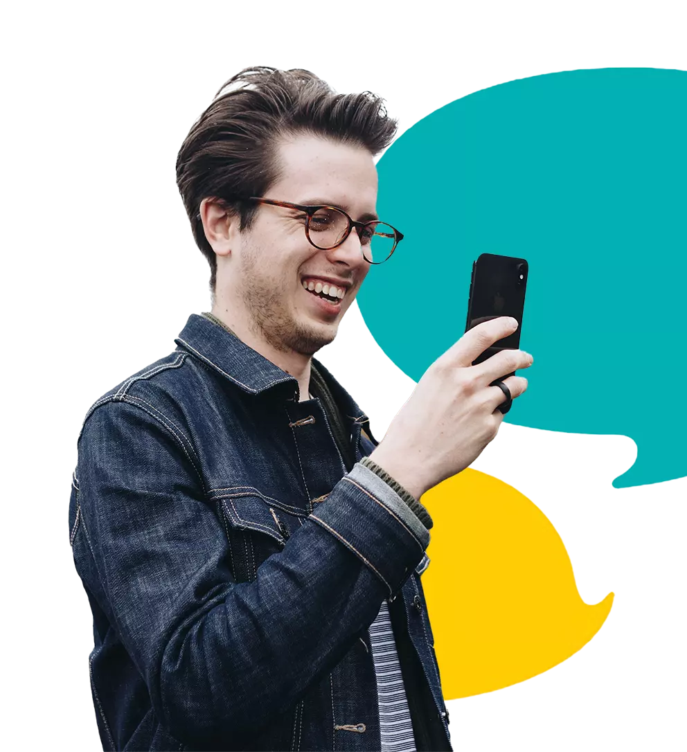 Person smiling at mobile phone