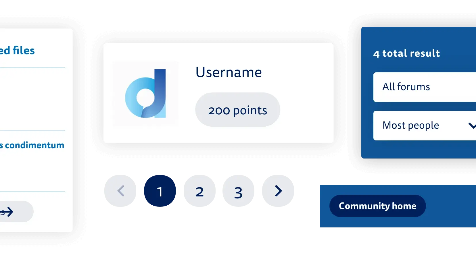 Pagination UI, Recently shared files component, Mobile header bar, User profile element, Search results sorting and other UI